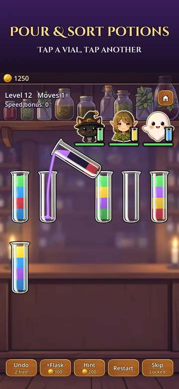 Potions Purr gameplay: pouring a purple potion from one glass flask into another on the witch's shop counter, with three customers waiting.