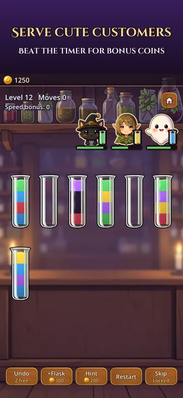 Potions Purr gameplay: customers ask for colours, and flasks are sorted to serve them before the timer runs out.