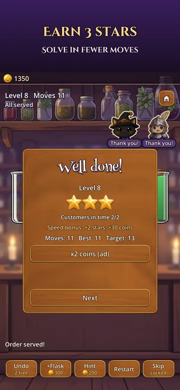 Potions Purr level complete screen: Well done, three stars, both customers served in time.