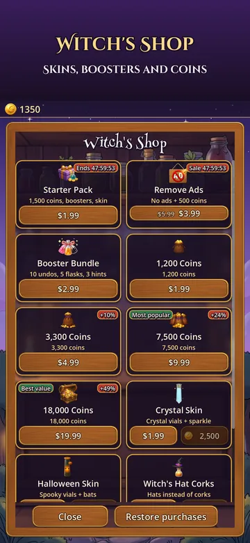 Potions Purr shop screen: Witch's Shop with a starter pack, remove ads, booster bundle, coin packs and flask skins.