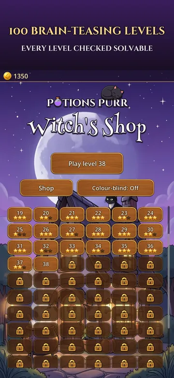 Potions Purr level map: a moonlit witch cottage with a grid of numbered levels, finished ones with stars.